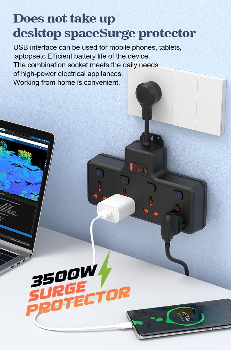 Wysteria Wall Mount Power Strip – 4 AC Outlets with USB-C & USB