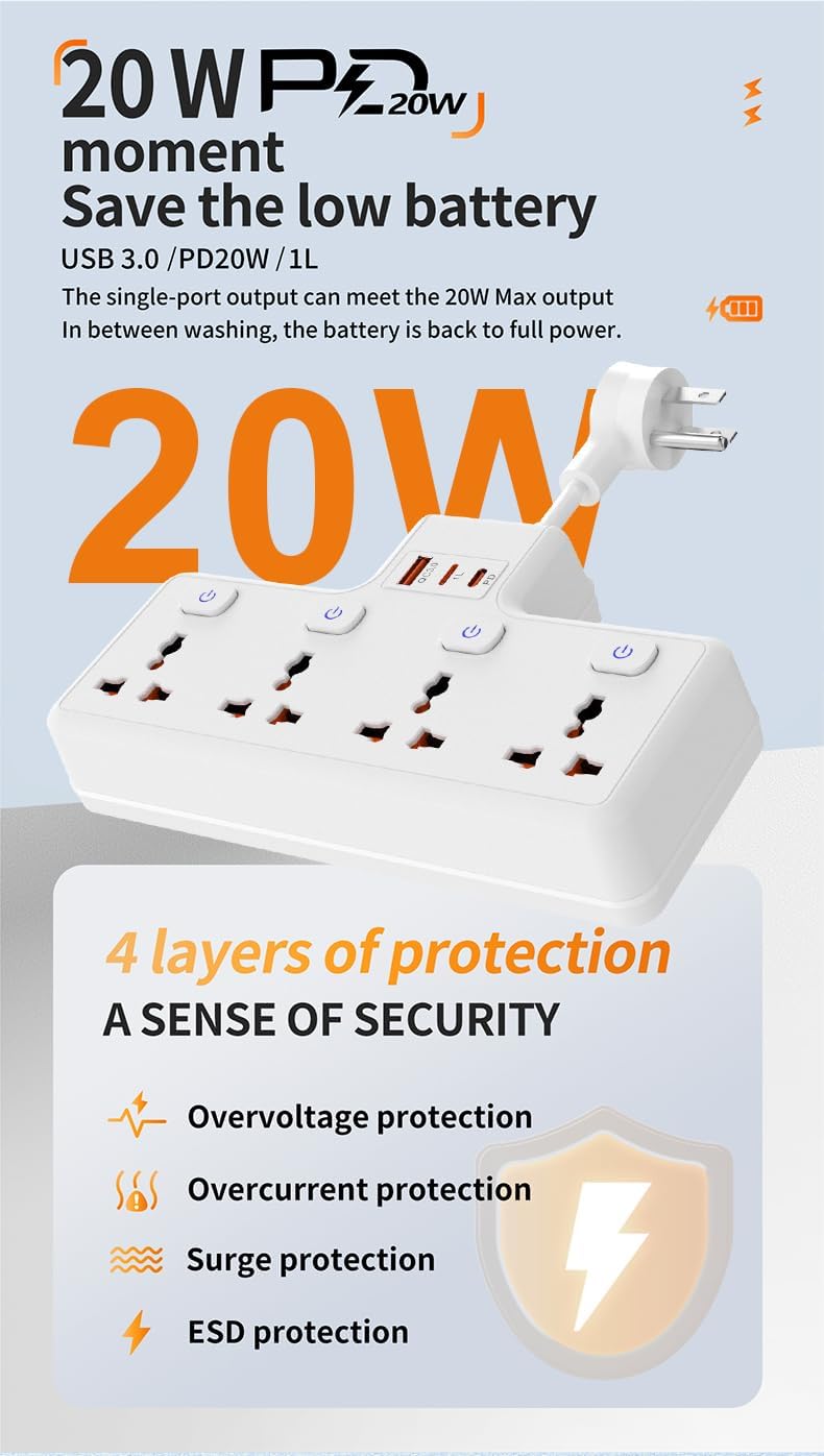 Wysteria Wall Mount Power Strip – 4 AC Outlets with USB-C & USB