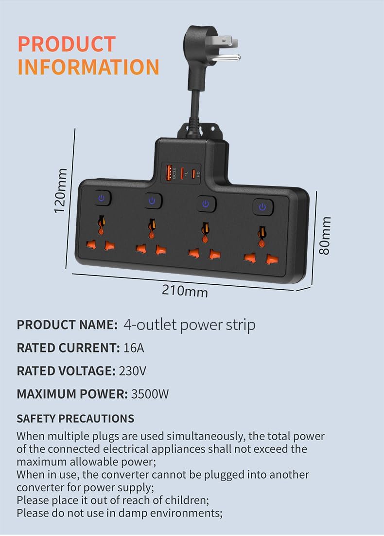 Wysteria Wall Mount Power Strip – 4 AC Outlets with USB-C & USB