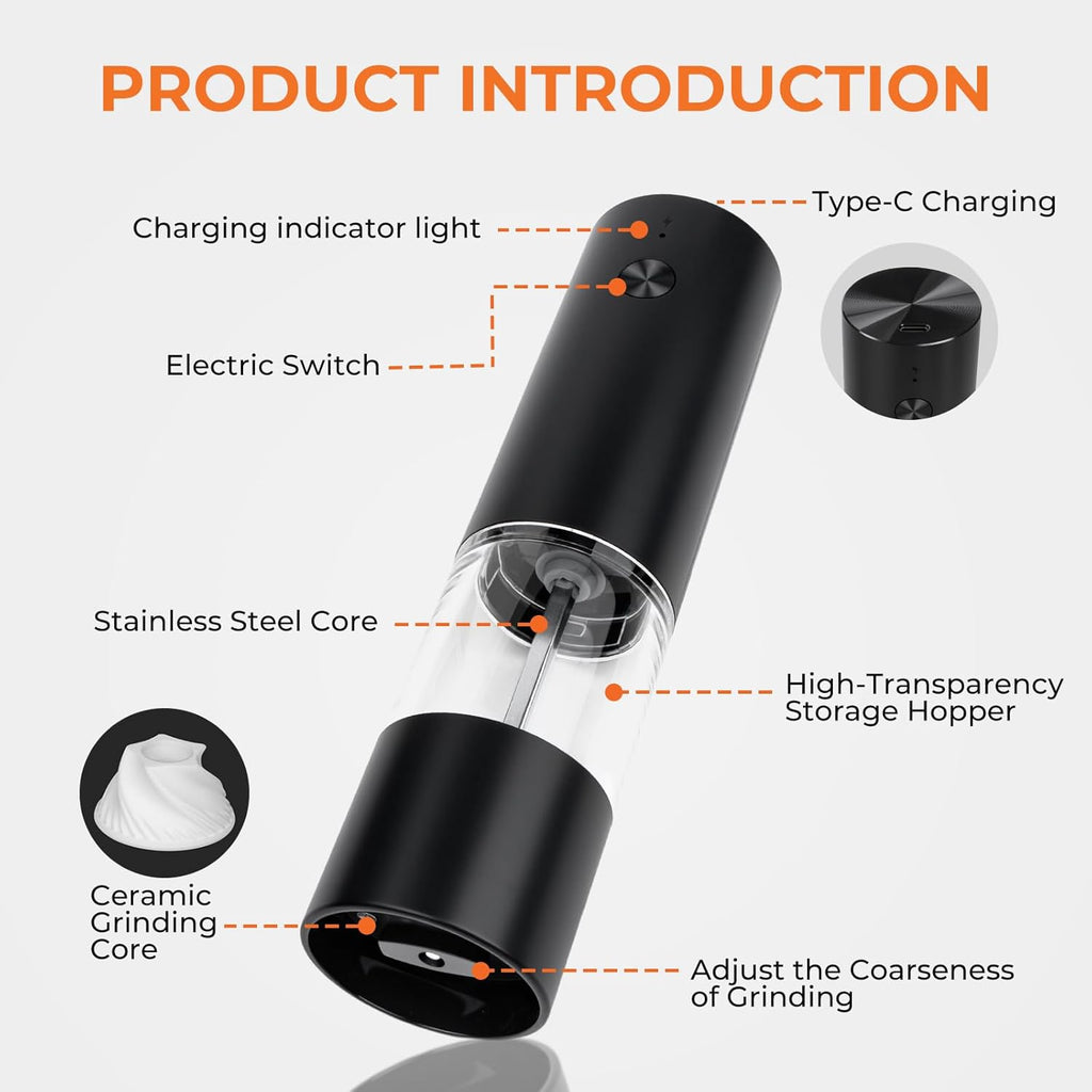 Wysteria Electric Salt & Pepper Grinder Set – Rechargeable Automatic Spice Mills