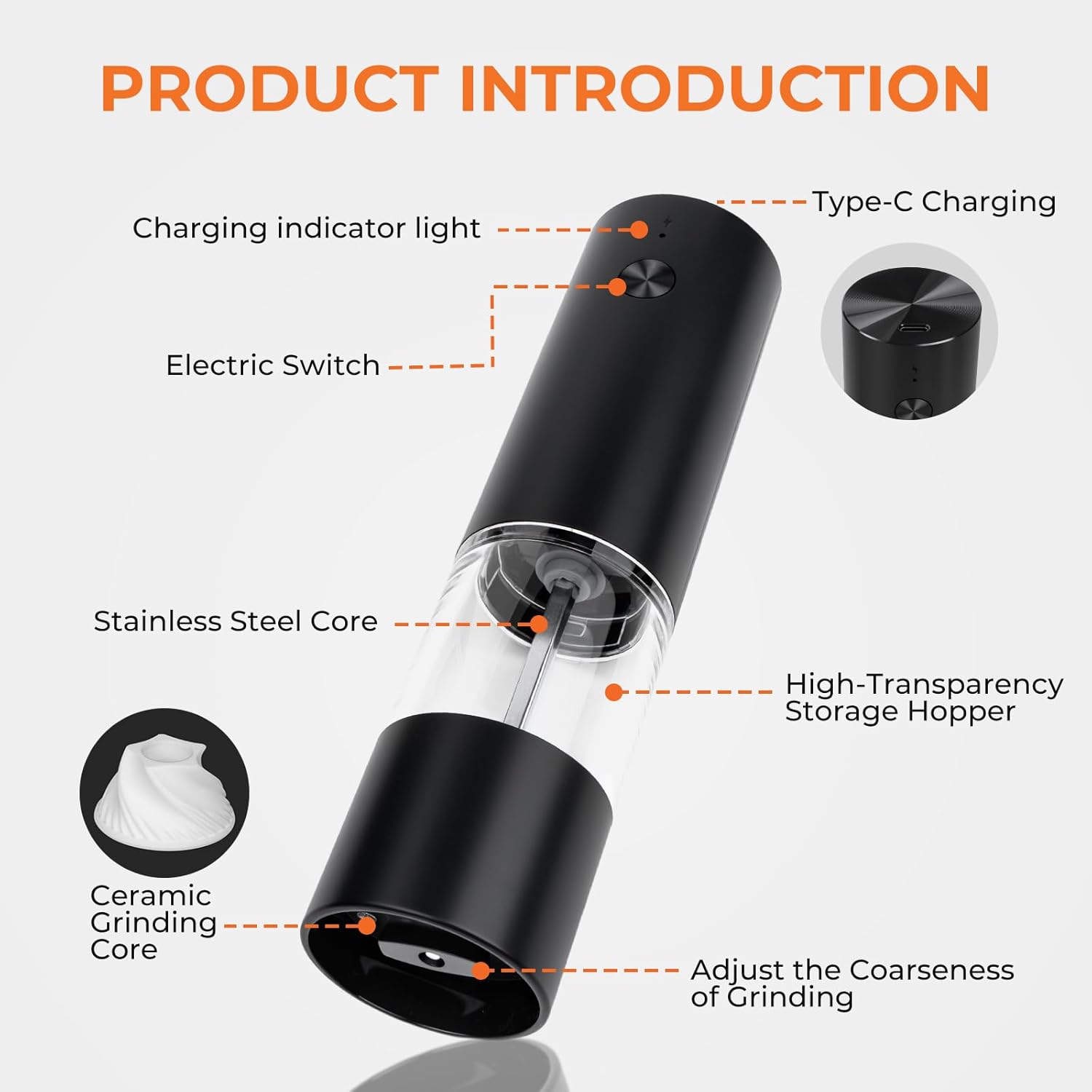 Wysteria Electric Salt & Pepper Grinder Set – Rechargeable Automatic Spice Mills