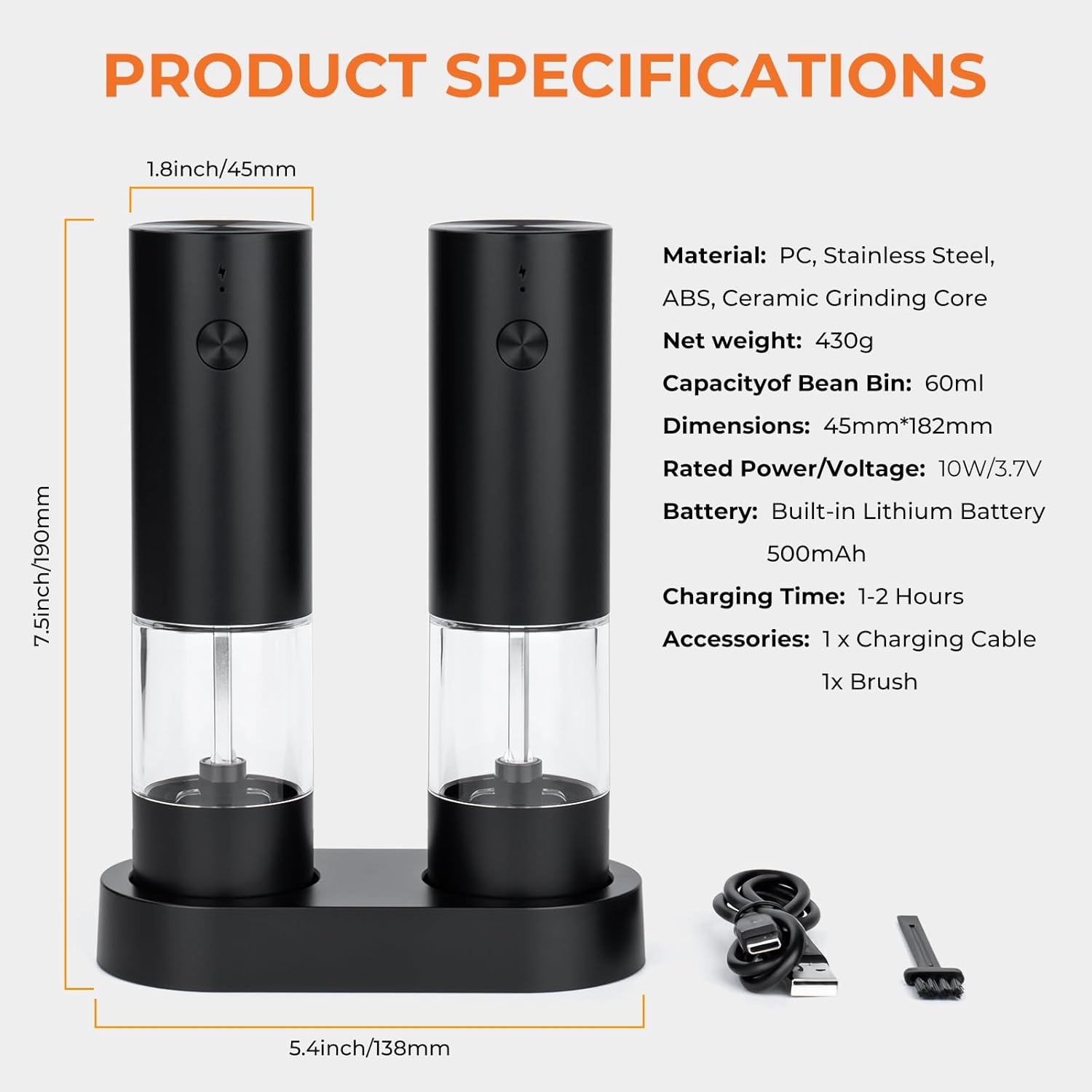 Wysteria Electric Salt & Pepper Grinder Set – Rechargeable Automatic Spice Mills